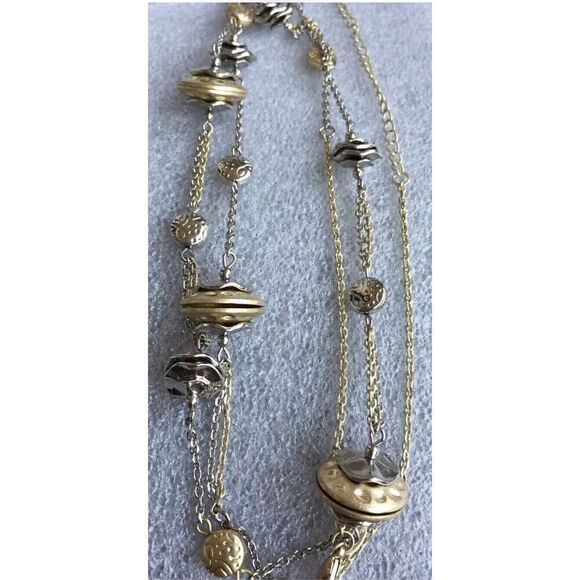 Lia Sophia Silver Gold Tone Chain Necklace Floating Textured Discs - Picture 2 of 4